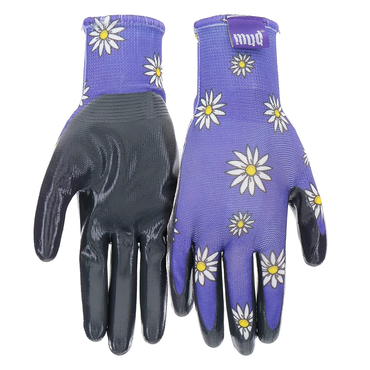 West Chester MD31001V-Y Garden Gloves, Daisy Printed Glove, Youth Size, Nitrile Palm, Polyester Knit, Violet, Seamless Knit Cuff, Nitrile Coating, Resists: Water
